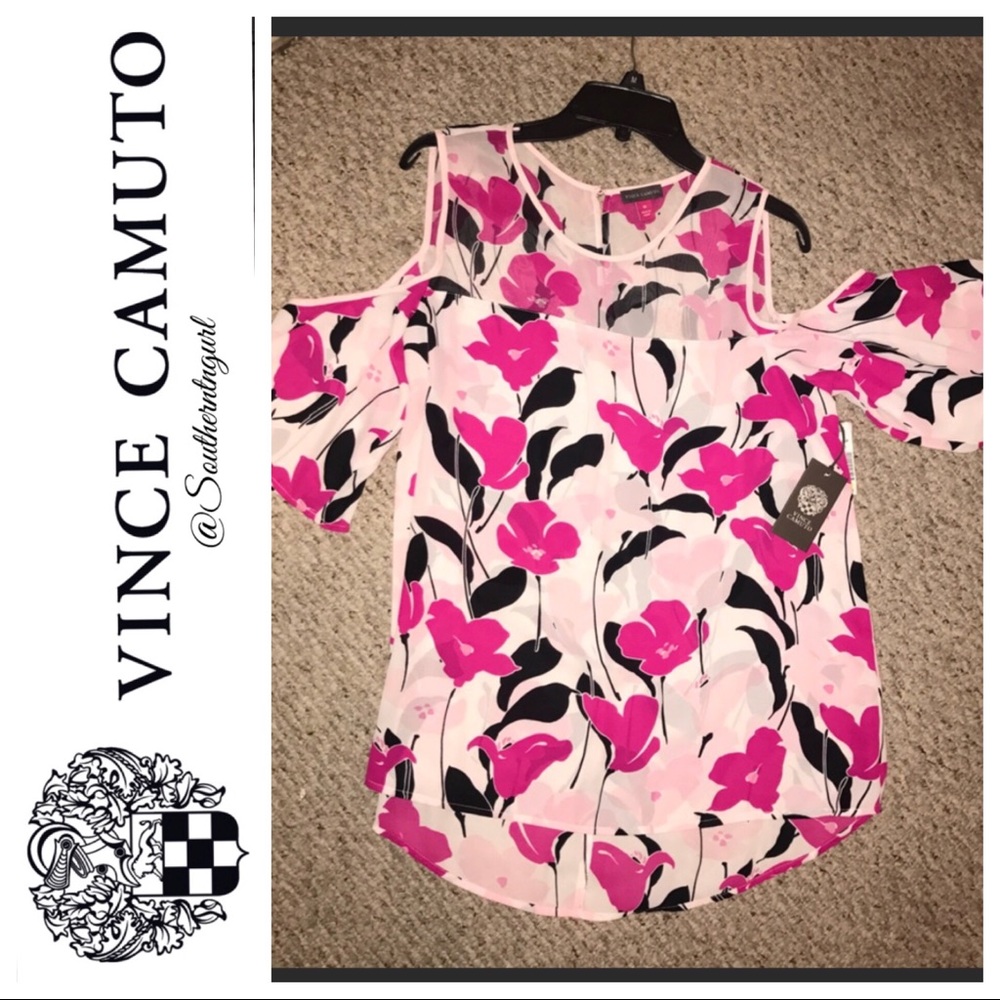 NWT VINCE CAMUTO Floral Cold shoulder Sheer Blouse
